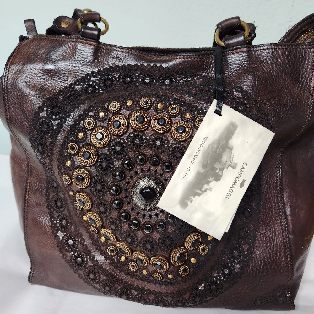 Campomaggi Studded Larimar Shopper Zip Top Double Handles NWT Brown - Picture 2 of 8